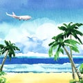 Beautiful paradise tropical island with ocean, sandy beach, palm trees, rocks, flying airplane on sky, summer time