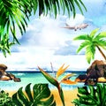 Beautiful paradise tropical island with sandy beach, palm trees, rocks, flying airplane on sky, summer time, vacation