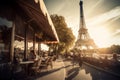 Beautiful Paris cafe in sunrise, EIffel Tower on background. Generative AI Royalty Free Stock Photo