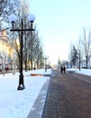 Beautiful park alley with bench and trees in winter sunny day Royalty Free Stock Photo