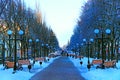 Beautiful park alley with bench and trees in winter sunny day Royalty Free Stock Photo