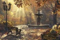 Beautiful park scene with an old fountain. Royalty Free Stock Photo