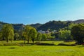 Beautiful park for walking. Green lawn, trees and blue sky. Montenegro. Royalty Free Stock Photo