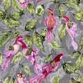 Beautiful parrot flowers on climbing twigs on gray background. Seamless floral pattern. Watercolor painting. Hand painted