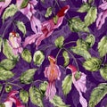 Beautiful parrot flowers on climbing twigs on purple background. Seamless floral pattern. Watercolor painting. Hand painted