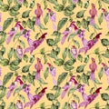 Beautiful parrot flowers on climbing twigs on yellow background. Seamless floral pattern. Watercolor painting. Hand painted
