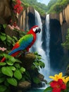 Beautiful parrot near waterfall and flowers in tropical park Royalty Free Stock Photo