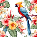 Beautiful parrot perching on branch in tropical garden and hibiscus flower on white background. Royalty Free Stock Photo