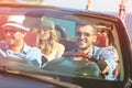 Beautiful party friend girls dancing in a car on the beach happy Royalty Free Stock Photo