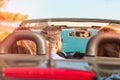 Beautiful party friend girls dancing in a car on the beach happy Royalty Free Stock Photo