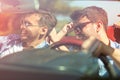 Beautiful party friend girls dancing in a car on the beach happy Royalty Free Stock Photo