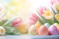 Beautiful pastel colored easter eggs with dots with tulip spring flowers Royalty Free Stock Photo