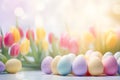 Beautiful pastel colored easter eggs with golden dots with tulip spring flowers in blurry background with copy space Royalty Free Stock Photo