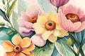 beautiful pastel flowers watercolor background wallpaper design in yellow, lavender, green, orange and pink light colors. elegant