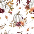 Fall floral seamless pattern with white pumpkins, flowers and leaves. Colorful Autumn print. Watercolor painted illustration Royalty Free Stock Photo