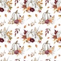 Beautiful pastel pumpkins and florals seamless pattern with white background. Watercolor white pumpkin arrangement print
