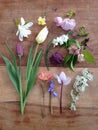 Arrangement of spring flowers on wooden table