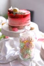 Beautiful pastry. cakes and macaroons. Sweet holiday buffet with cupcakes, cakes and other sweet desserts Royalty Free Stock Photo