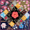 Beautiful patchwork pattern with cosmos and hibiscus flowers, paisley and butterflies. Cute square card, tea box package. Vector