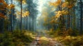 Beautiful Path in the Autumn forest with Sunset trough the trees nature background AI generated Royalty Free Stock Photo