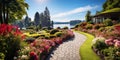 Beautiful path in upscale home garden in summer, panorama of landscaped house backyard. Scenery of pathway, flowers, lake and