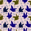 Beautiful pattern with bright birds and rowan branches, large snowflakes