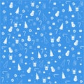 Christmas semless pattern with christmas tree, snowman, candy, gfts on blue background. Vector illustration.