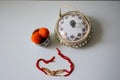 Beautiful pattern on decorative pieces of art. container with rakhis and ladoos. .Gift box.