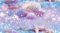 A beautiful pattern of glittery starfish and shells on a blue background, in pastel purple, pink, and silver colors