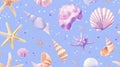 A beautiful pattern of glittery starfish and shells on a blue background, in pastel purple, pink, and silver colors