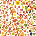 Beautiful pattern multi-colored fruits, vegetables and berries separated by red lines Royalty Free Stock Photo