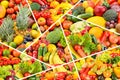 Beautiful pattern multi-colored fruits, vegetables and berries separated by white lines Royalty Free Stock Photo