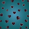 Beautiful pattern hearts on dark green, malachite background. For textiles, fabrics. Romantic cute print, texture. Vector.