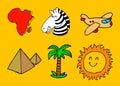 A beautiful pattern with images of Africa with Egyptian pyramids, a zebra, a palm tree and more