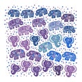 Beautiful pattern Indian Elephant with polka dot ornaments. Hand drawn ethnic tribal decorated Elephant. blue purple lilac contour Royalty Free Stock Photo