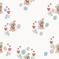 A beautiful pattern on a light background with a dog, footprints of paws, heart. Pretty Illustration for your design in a children