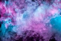 Beautiful pattern of smoke on a black background from the evaporating waves in the neon light of pink blue and purple as sea