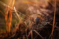 Beautiful patterned web with sun rays close up with spider, background blurred natural nature. Royalty Free Stock Photo