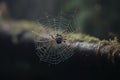 Beautiful patterned web with sun rays close up with spider, background blurred natural nature. Royalty Free Stock Photo