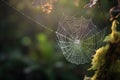 Beautiful patterned web with sun rays close up with spider, background blurred natural nature. Royalty Free Stock Photo