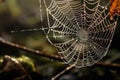 Beautiful patterned web with sun rays close up with spider, background blurred natural nature. Royalty Free Stock Photo