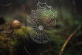 Beautiful patterned web with sun rays close up with spider, background blurred natural nature. Royalty Free Stock Photo