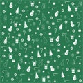 Christmas semless pattern with christmas tree, snowman, candy, gfts on green background. Vector illustration.