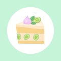 Beautiful peace of cake decorated with grape, mint leaves and meringue. Vector illustration for bakery or cafe.