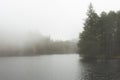 Beautiful mody Autumn Fall landscape of woodland and lake with mist fog during early morning Royalty Free Stock Photo