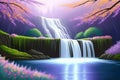 Beautiful and Peaceful Illustration of waterfall with trees, serene, tranquil, vibrant Royalty Free Stock Photo