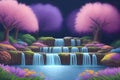 Beautiful and Peaceful Illustration of waterfall with trees, serene, tranquil, vibrant Royalty Free Stock Photo