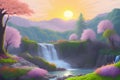 Beautiful and Peaceful Illustration of waterfall with trees, serene, tranquil, vibrant Royalty Free Stock Photo