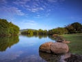 A beautiful and peaceful lakeside park view on a weekend morning