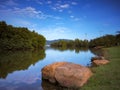 A beautiful and peaceful lakeside park view on a weekend morning